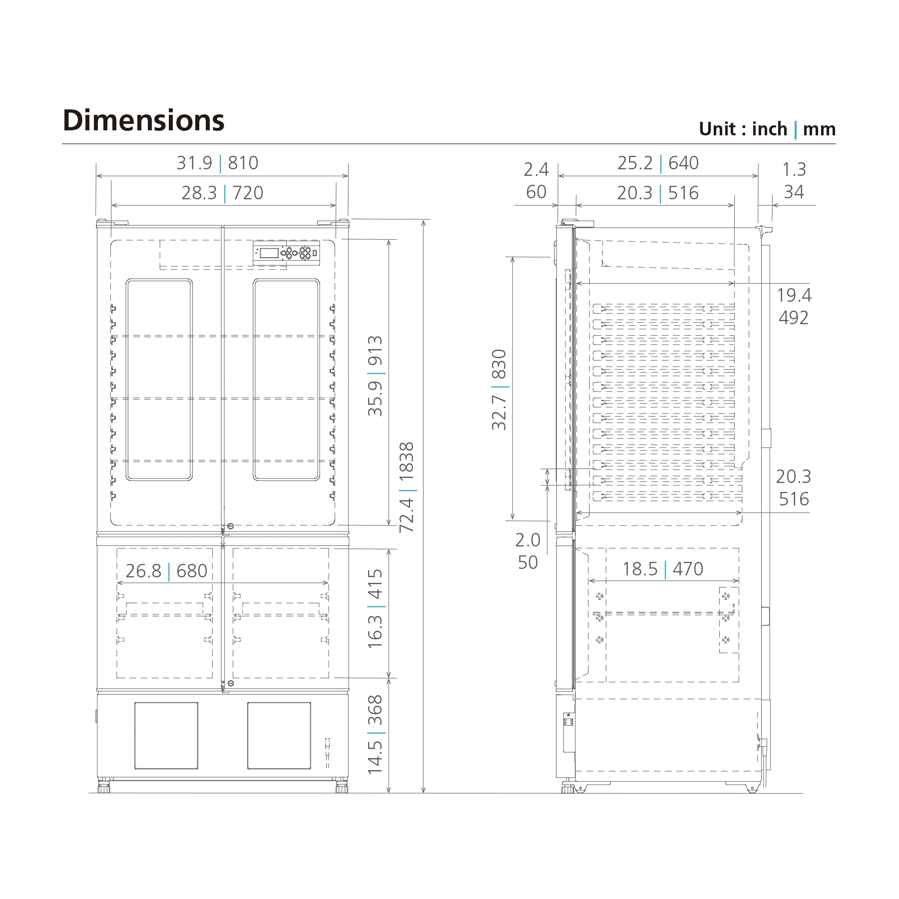 Pharma fridge with freezer MPR-414F-PA Dimensional Drawing